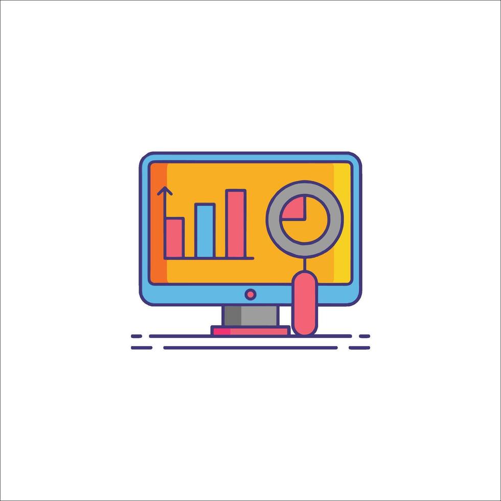 A computer monitor with a magnifying glass and a bar chart vector