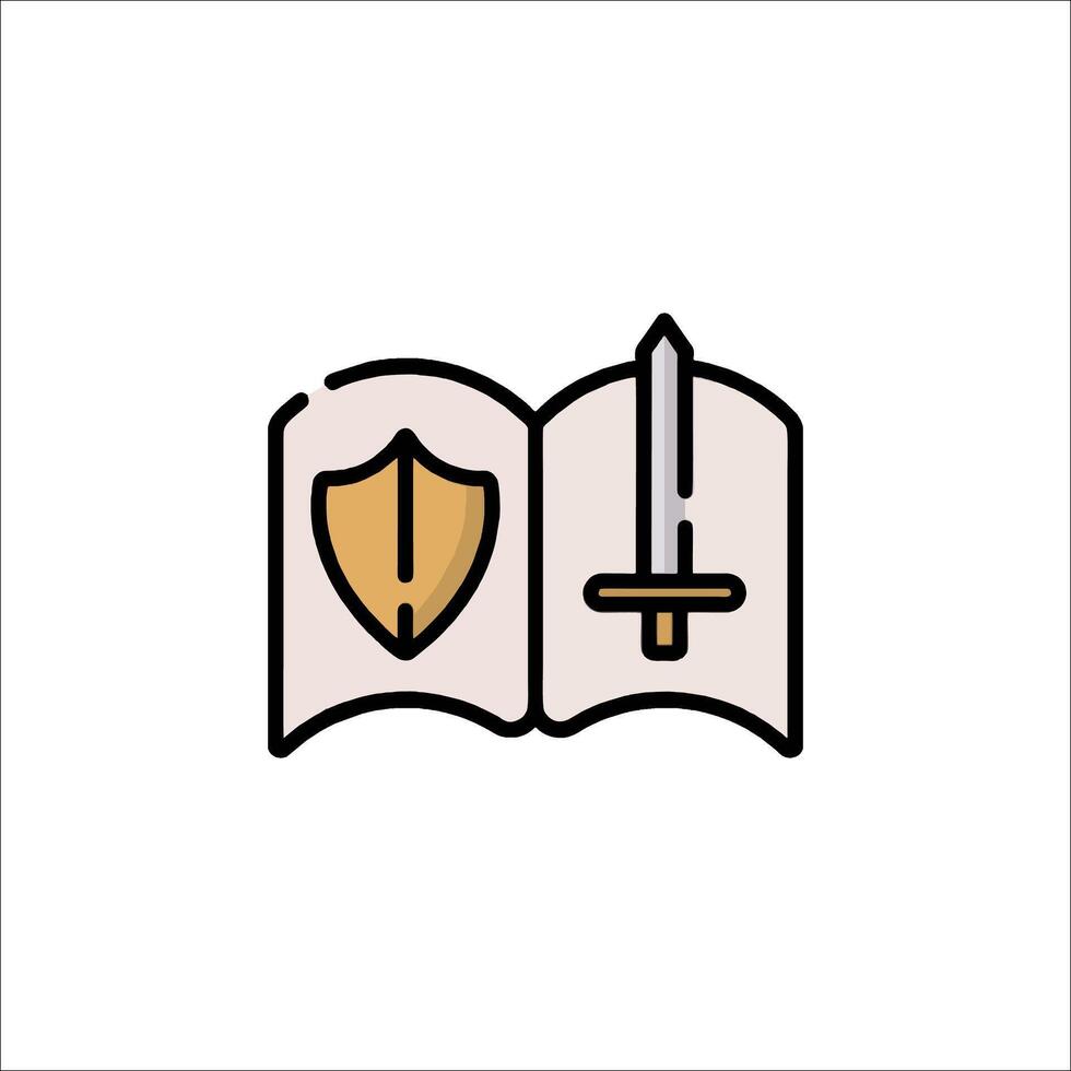 An open book with a sword and shield icon vector