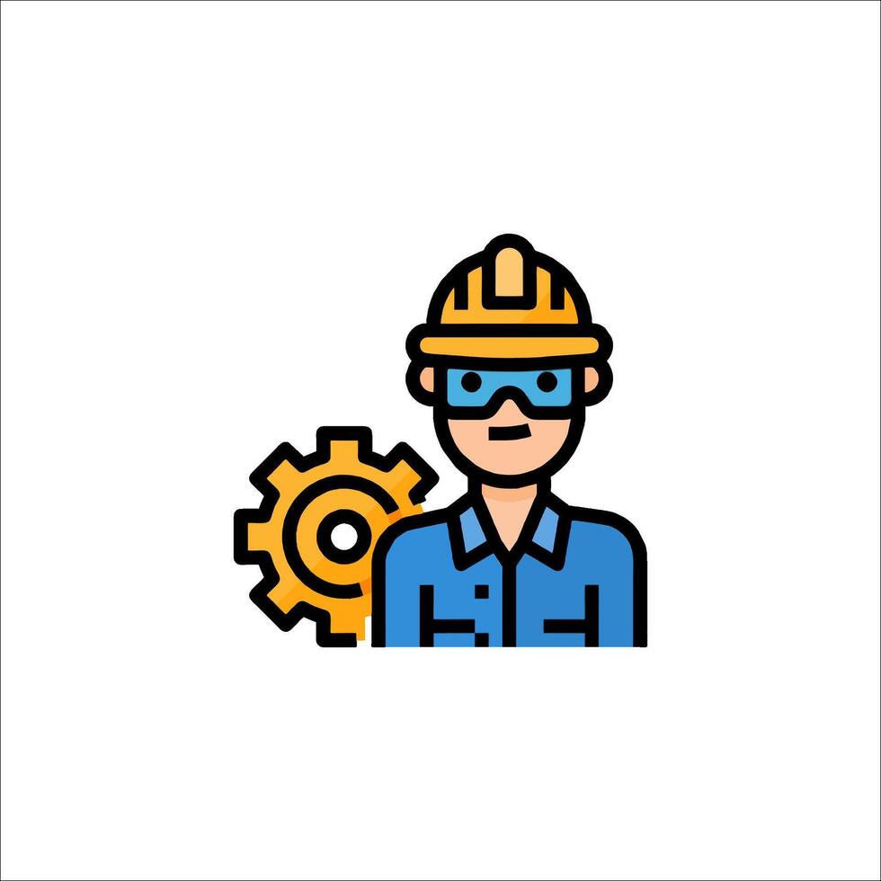 A man in a hard hat and goggles holding a gear vector