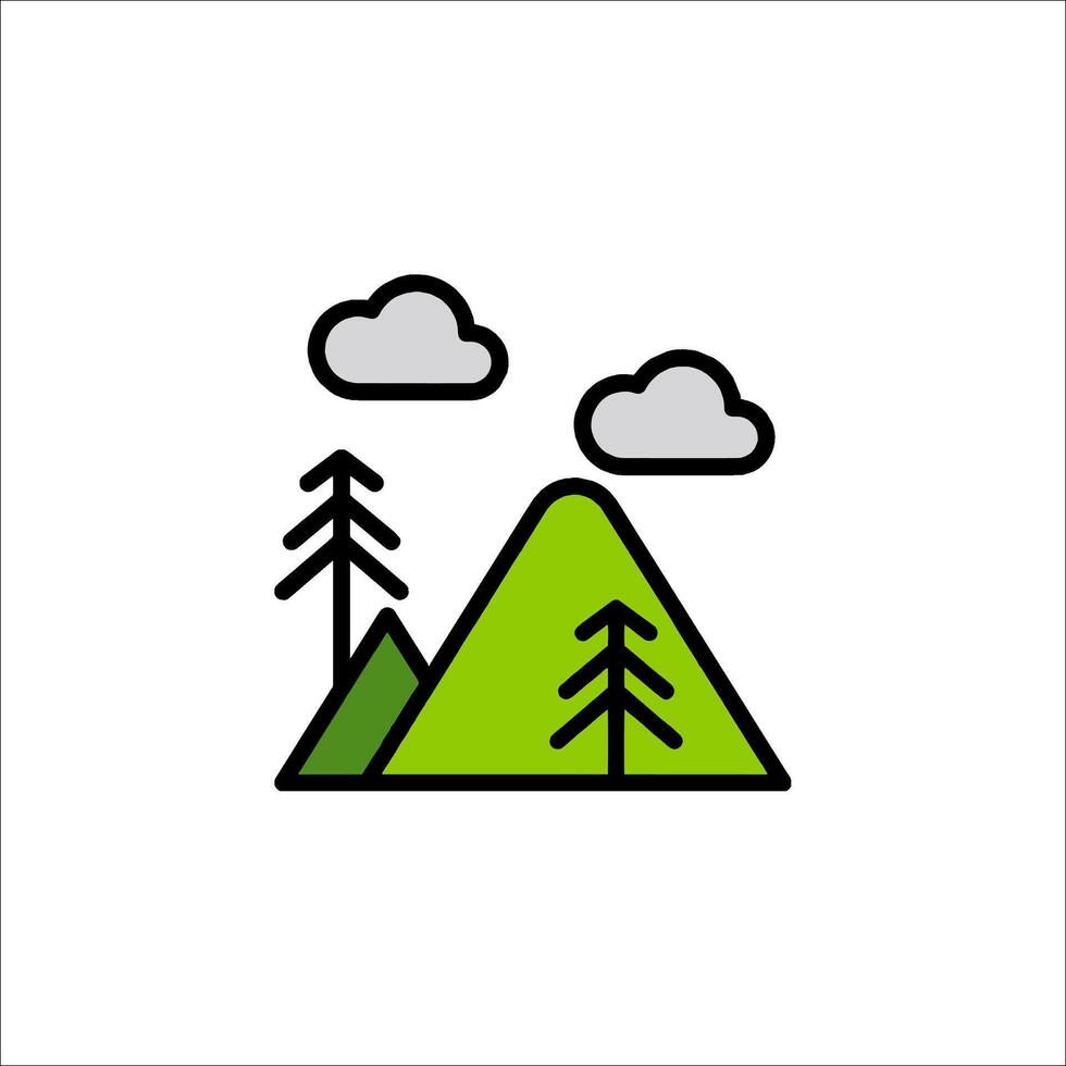 A mountain and trees icon with clouds and trees vector