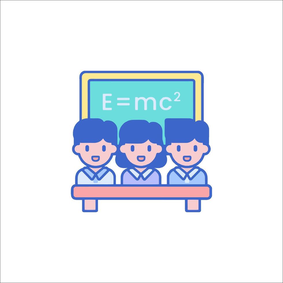A cartoon of three people sitting at a desk with an equation on the board vector