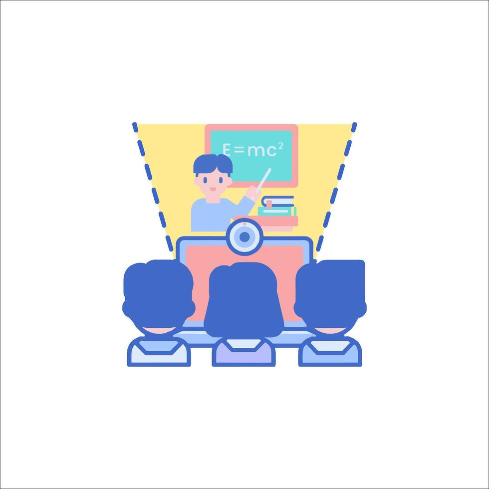 A cartoon illustration of a classroom with people sitting around a table vector