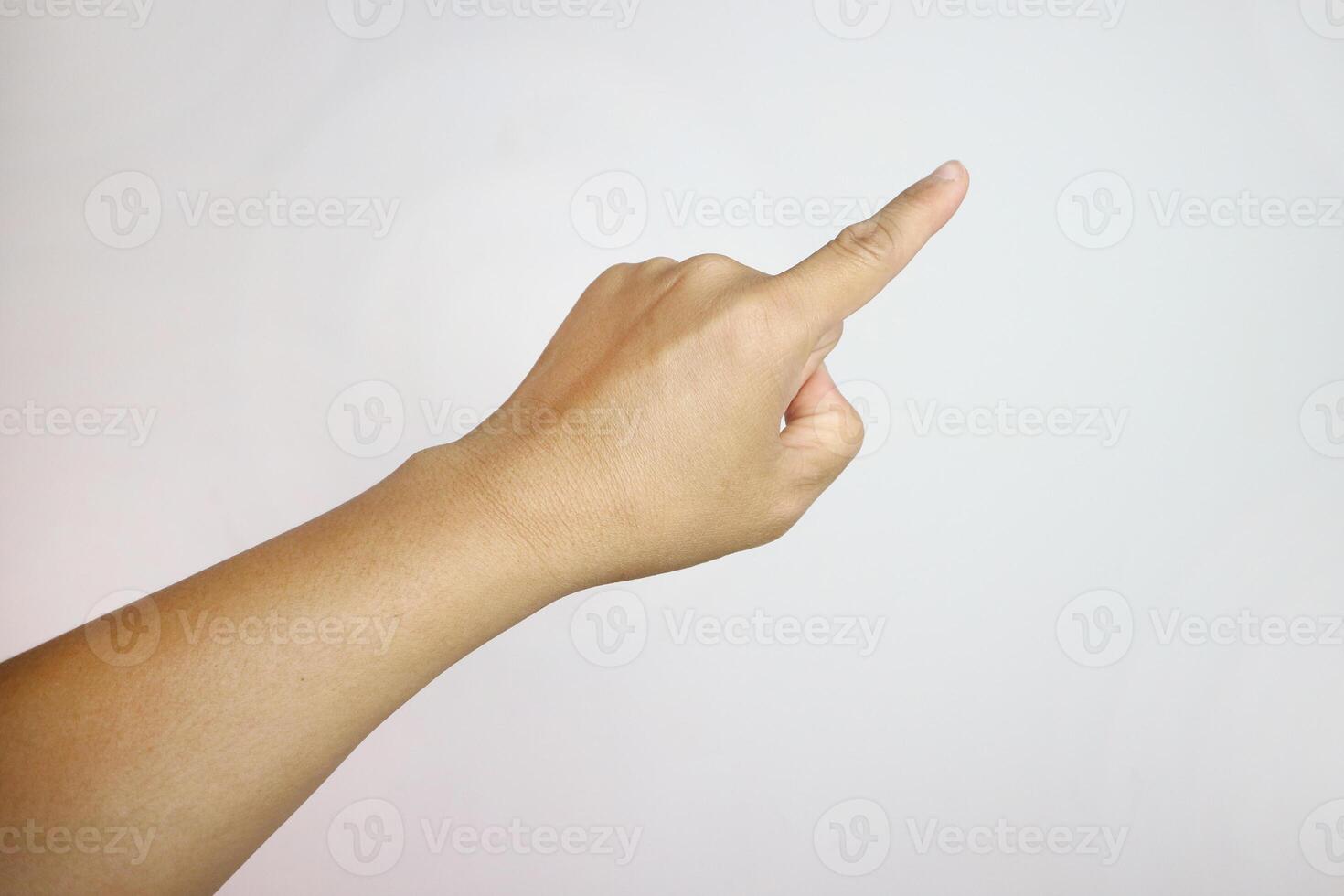 young man hand pointing isolated finger Isolated on white background. photo