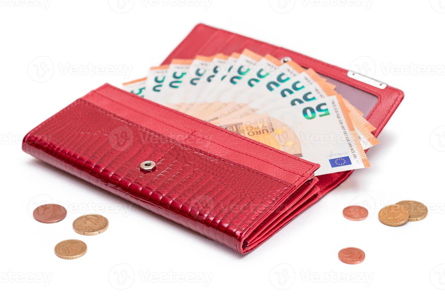 Opened Red Women Purse with 50 Euro Banknotes Inside and Scattered Euro Cent Coins - Isolated on White Background. A Wallet Full of Money Symbolizing Wealth, Success, Shopping and Social Status - Isolation photo