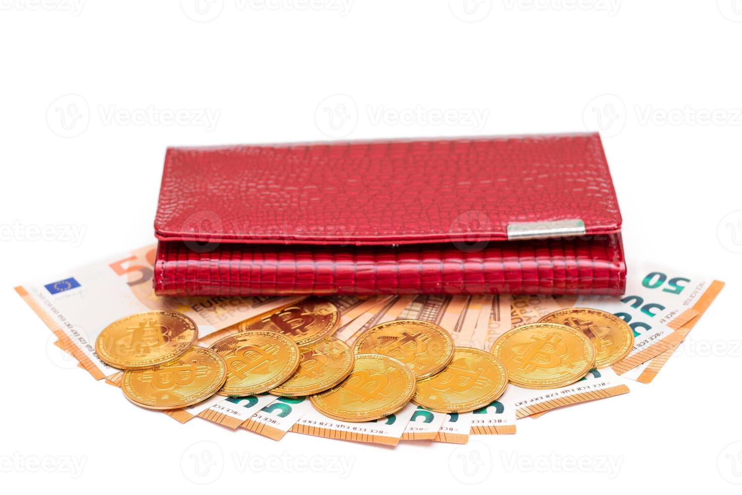 Red Leather Women Purse with Fifty Euro Banknotes and Bitcoin Coins - Isolated on White Background. A Wallet Full of 50 Euro Paper Money Symbolizing Wealth, Success and Social Status - Isolation photo