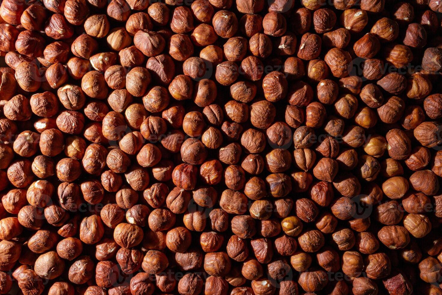 Scattered Peeled Hazelnut - Top View. Background from Hazelnuts. Natural High-Calorie Snacks photo