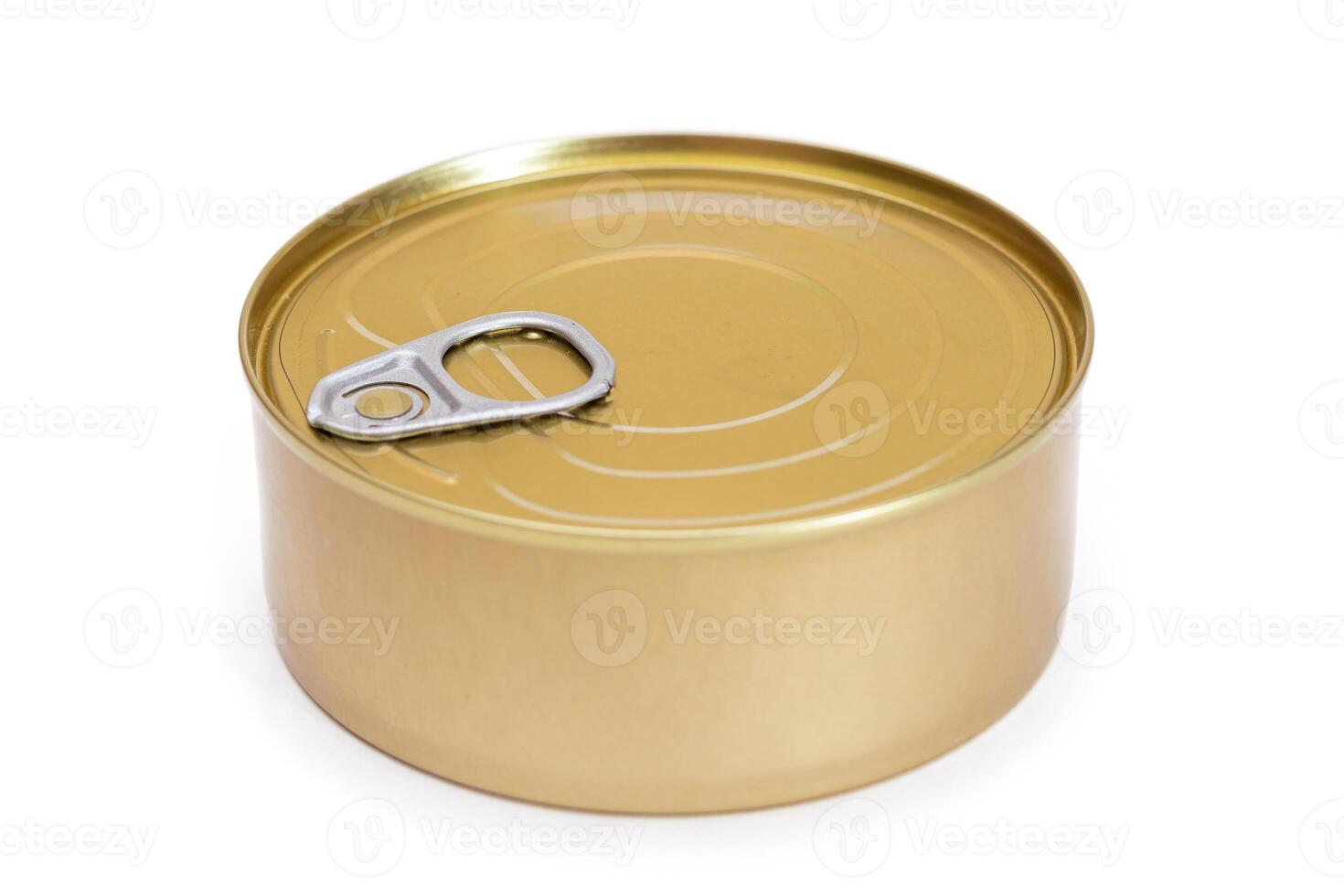 Round Unopened Tin Can Isolated on White Background. Canned Food. Aluminum Can for Safe and Long Term Storage of Food. Steel Sealed Food Storage Container - Isolation photo