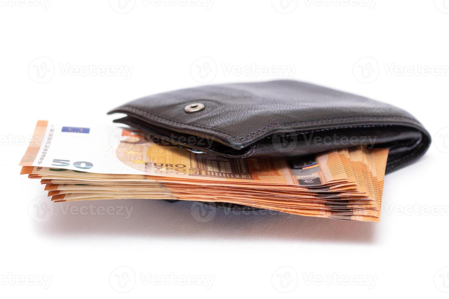 Black Leather Men Wallet with Fifty Euro Banknotes Inside - Isolated on White Background. A Purse Full of Money Symbolizing Wealth, Success and Social Status - Isolation photo