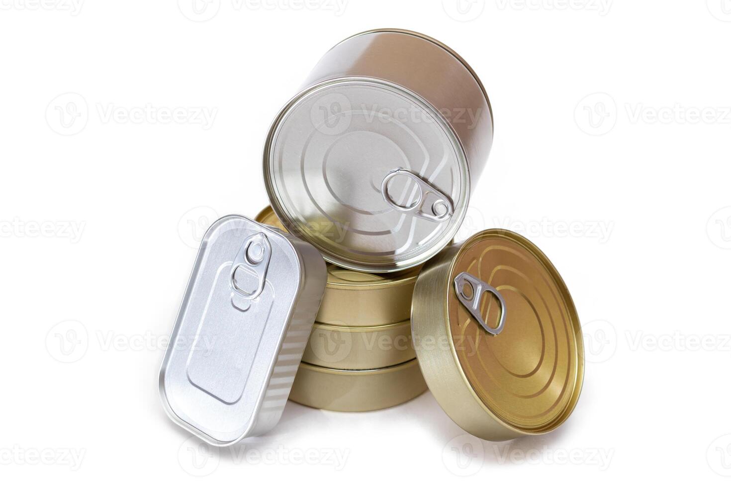 A Group of Stacked Tin Cans with Blank Edges Isolated on White Background. Canned Food. Different Aluminum Cans for Safe and Long Term Storage of Food. Steel Sealed Food Storage Containers - Isolation photo