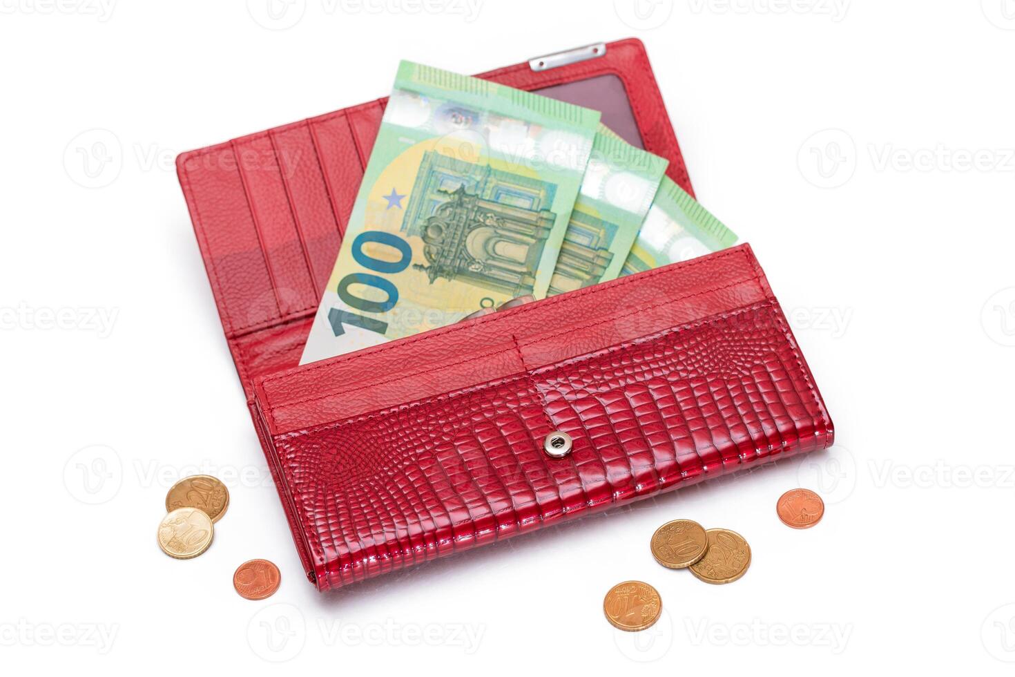 Opened Red Leather Women Purse with One Hundred Euro Banknotes Inside and Euro Cent Coins - Isolated on White Background. A Wallet Full of Money Symbolizing Wealth and Success - Isolation photo