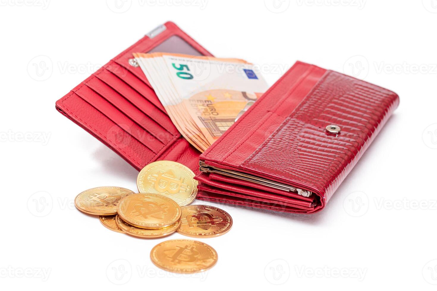 Opened Red Women Purse with 50 Euro Banknotes Inside and Bitcoin Coins - Isolated on White Background. A Wallet Full of Money Symbolizing Wealth, Success, Shopping and Social Status - Isolation photo