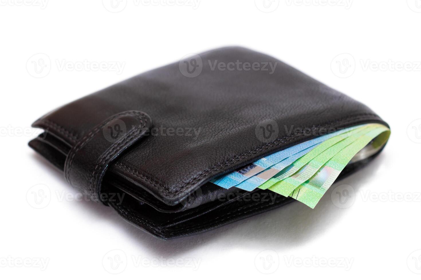Black Leather Men Wallet with Euro Banknotes Inside - Isolated on White Background. A Purse Full of Money Symbolizing Wealth, Success and Social Status - Isolation photo