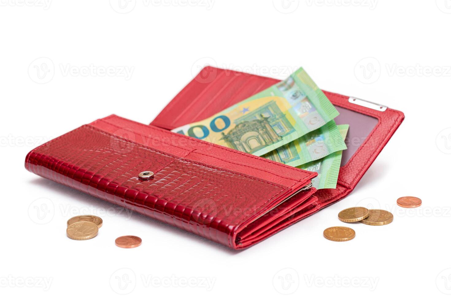 Opened Red Leather Women Purse with One Hundred Euro Banknotes Inside and Euro Cent Coins - Isolated on White Background. A Wallet Full of Money Symbolizing Wealth and Success - Isolation photo