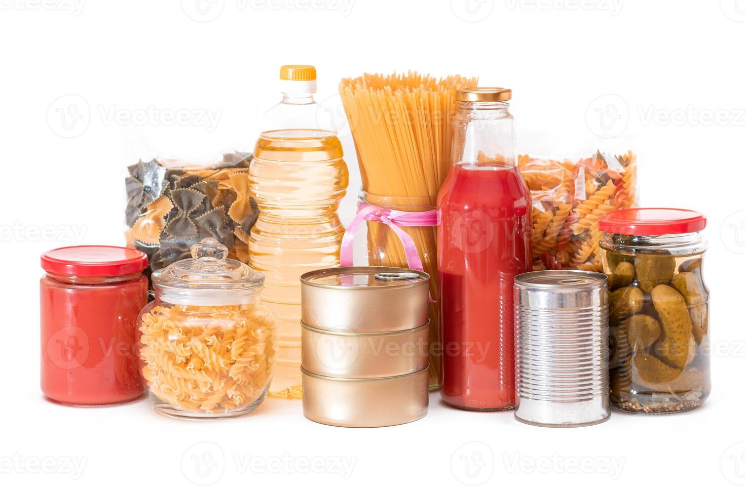 Food Reserves. Canned Food, Spaghetti, Tomato Juice, Pasta and Grocery - Isolated on White Background. Emergency Food Storage in Case of Crisis. Strategic Food Supplies - Isolation photo