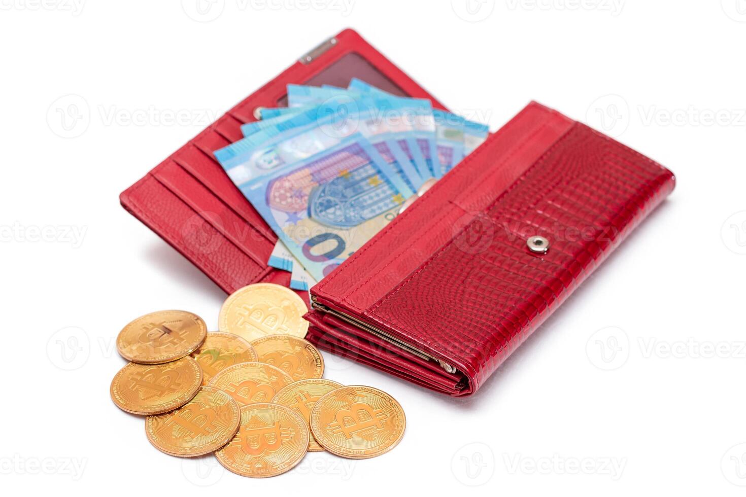 Opened Red Women Purse with 20 Euro Banknotes Inside and Bitcoin Coins - Isolated on White Background. A Wallet Full of Money Symbolizing Wealth, Success, Shopping and Social Status - Isolation photo