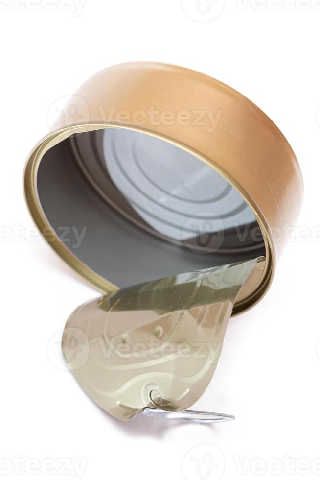 Opened Empty Tin Can Isolated on White Background. Clean Used Aluminum Can - Isolation. Non-Degradable Inorganic Waste photo
