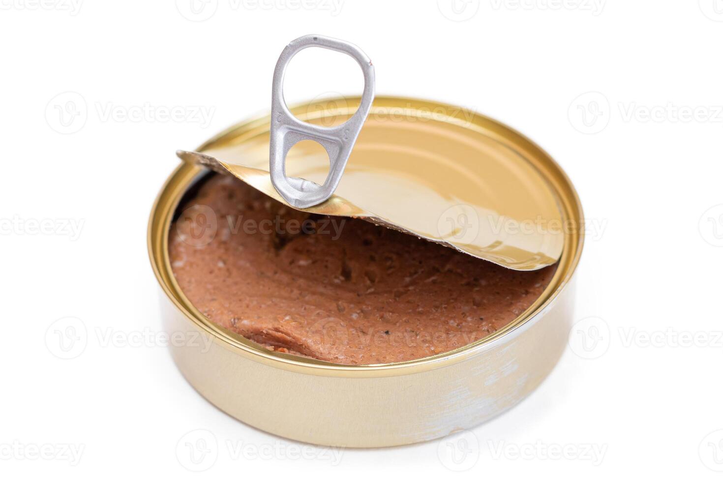 Opened Tin Can with Chicken Liver Pate Isolated on White Background. Open Canned Pate - Isolation photo