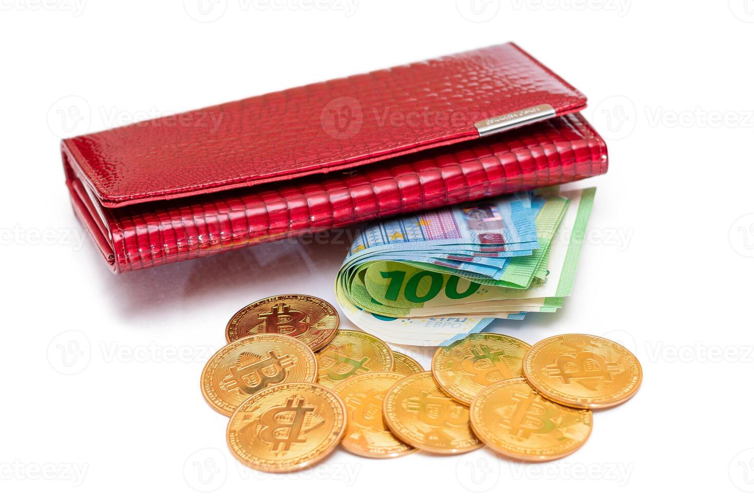 Red Leather Women Purse with Different Euro Banknotes and Bitcoin Coins - Isolated on White Background. A Wallet Full of European Union Paper Money Symbolizing Wealth and Success - Isolation photo