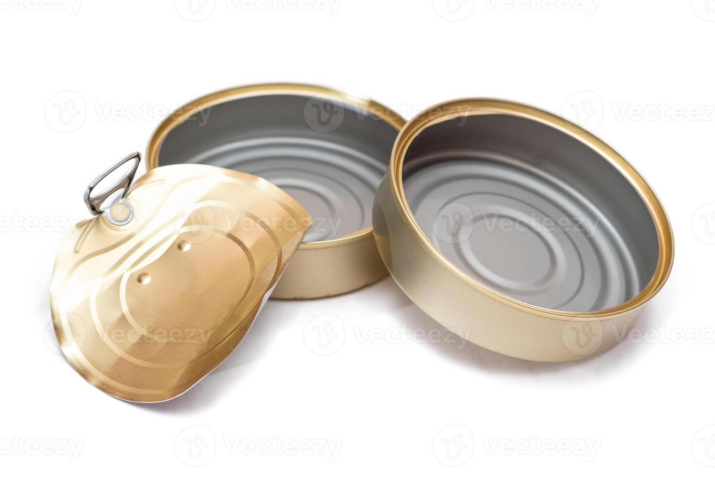 Two Opened Empty Tin Cans With Broken Cover Isolated on White Background. Clean Used Aluminum Cans - Isolation. Non-Degradable Inorganic Waste photo