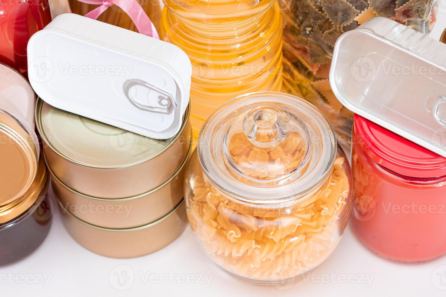 Food Reserves. Canned Food, Spaghetti, Tomato Juice, Pasta and Grocery. Emergency Food Storage in Case of Crisis. Strategic Food Supplies photo