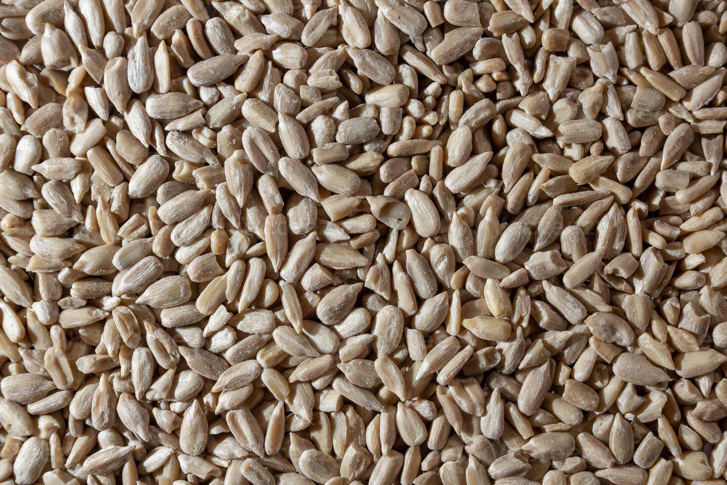 Peeled Sunflower Seeds Background. A Culinary Canvas of Shell-free Sunflower Seeds, Creating a Lively and Textured Background for Gourmet Cooking - Top View, Flat Lay photo