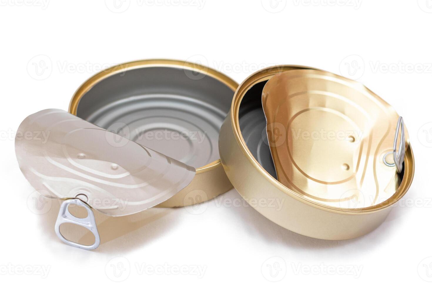 Two Opened Empty Tin Cans With Broken Cover Isolated on White Background. Clean Used Aluminum Cans - Isolation. Non-Degradable Inorganic Waste photo