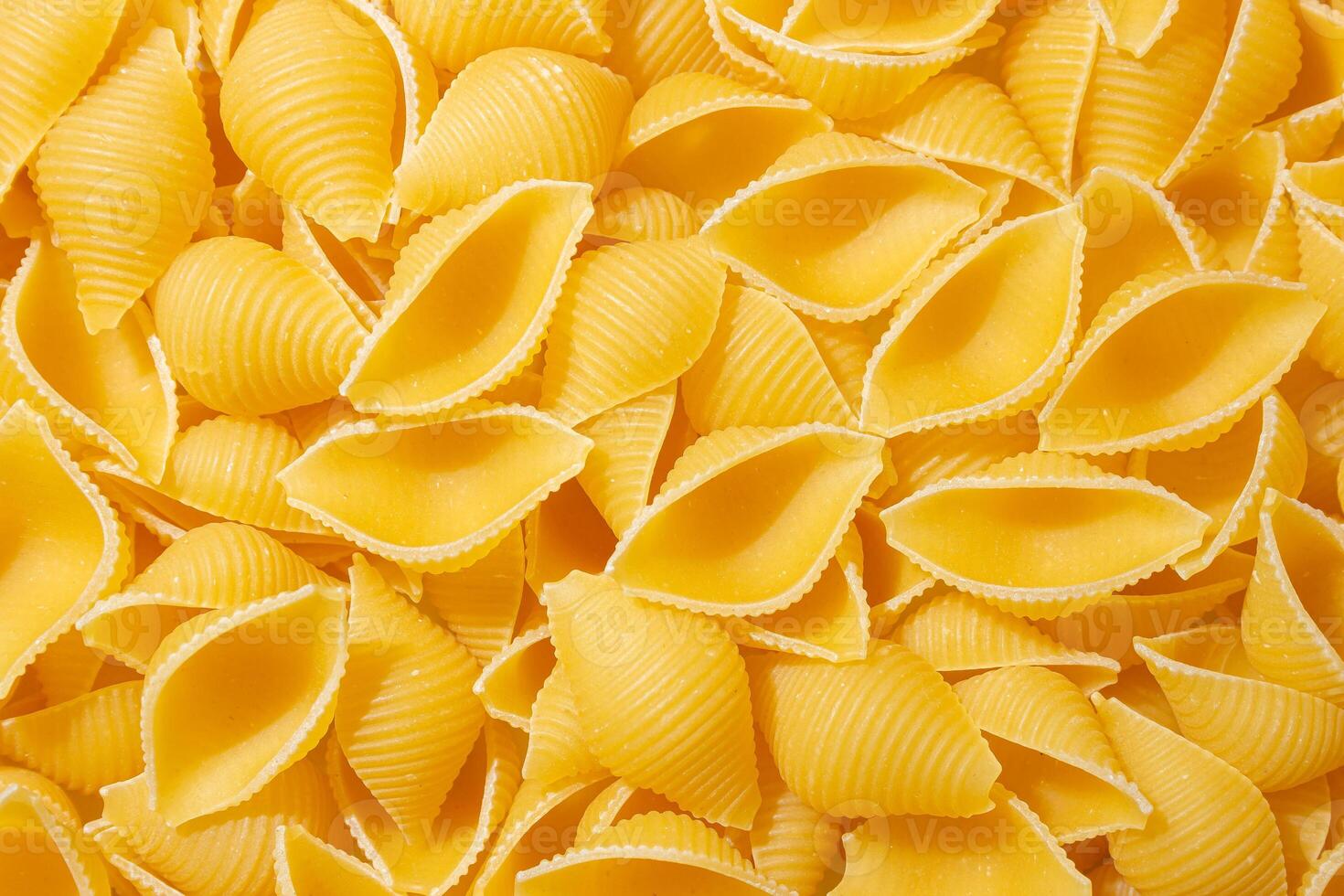 Uncooked Conchiglie Pasta. A Culinary Canvas of Conchiglie Macaroni, Creating a Lively and Textured Background for Gourmet Cooking. Dry Pasta. Raw Macaroni - Top View, Flat Lay photo