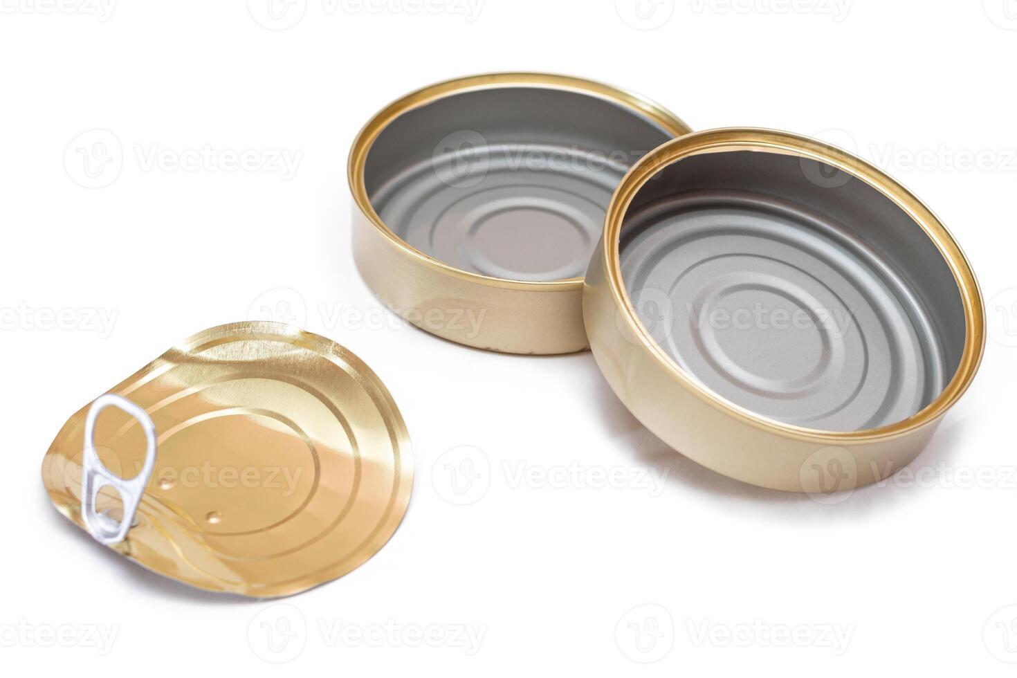 Two Opened Empty Tin Cans With Broken Cover Isolated on White Background. Clean Used Aluminum Cans - Isolation. Non-Degradable Inorganic Waste photo
