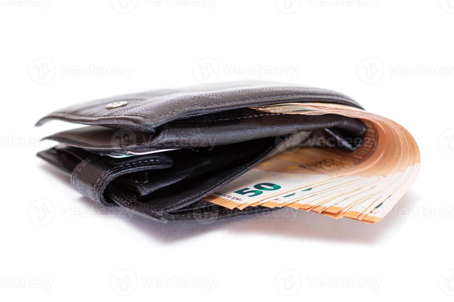 Black Leather Men Wallet with Fifty Euro Banknotes Inside - Isolated on White Background. A Purse Full of Money Symbolizing Wealth, Success and Social Status - Isolation photo
