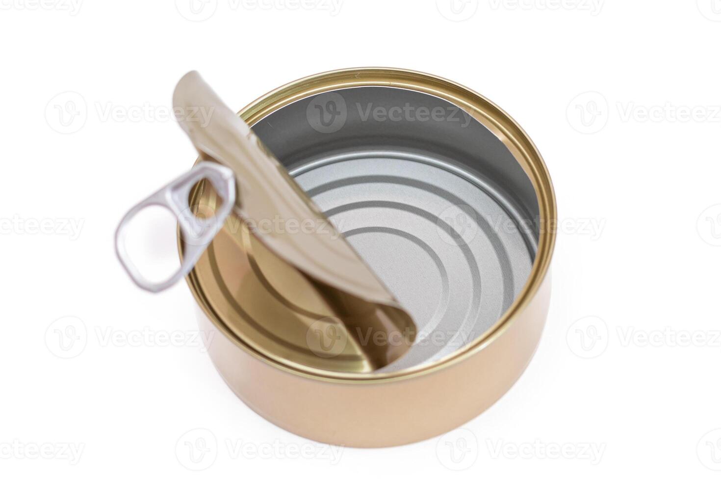 Opened Empty Tin Can Isolated on White Background. Clean Used Aluminum Can - Isolation. Non-Degradable Inorganic Waste photo