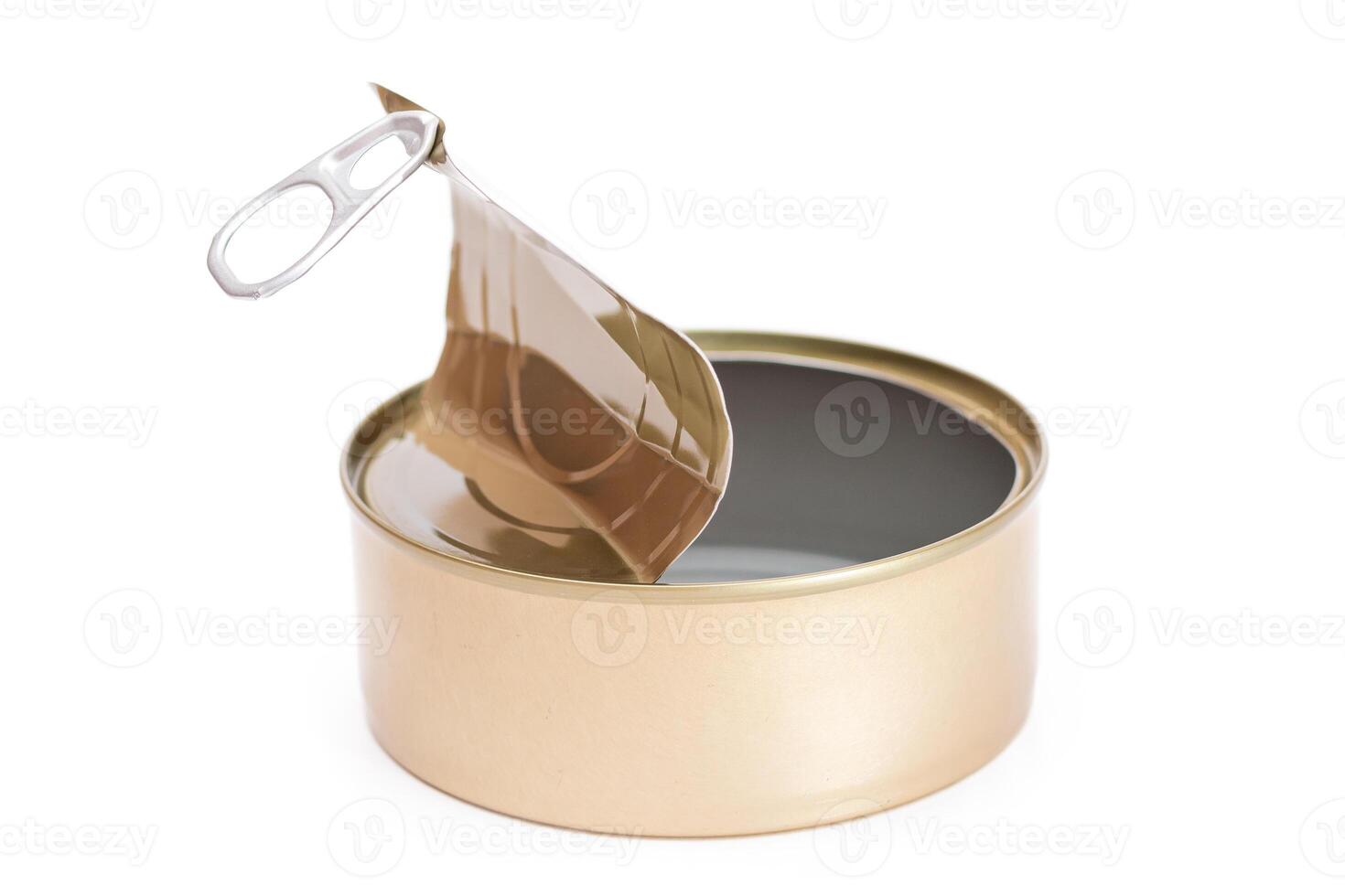Opened Empty Tin Can Isolated on White Background. Clean Used Aluminum Can - Isolation. Non-Degradable Inorganic Waste photo