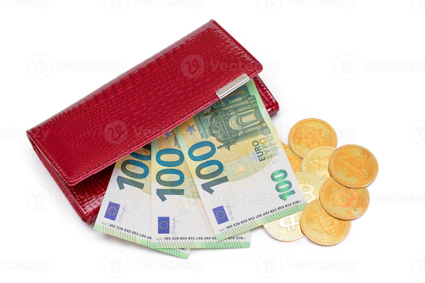 Opened Red Leather Women Purse with Bitcoin Coins and One Hundred Euro Banknotes Inside - Isolated on White Background. A Wallet Full of Money Symbolizing Wealth, Success and Social Status - Isolation photo