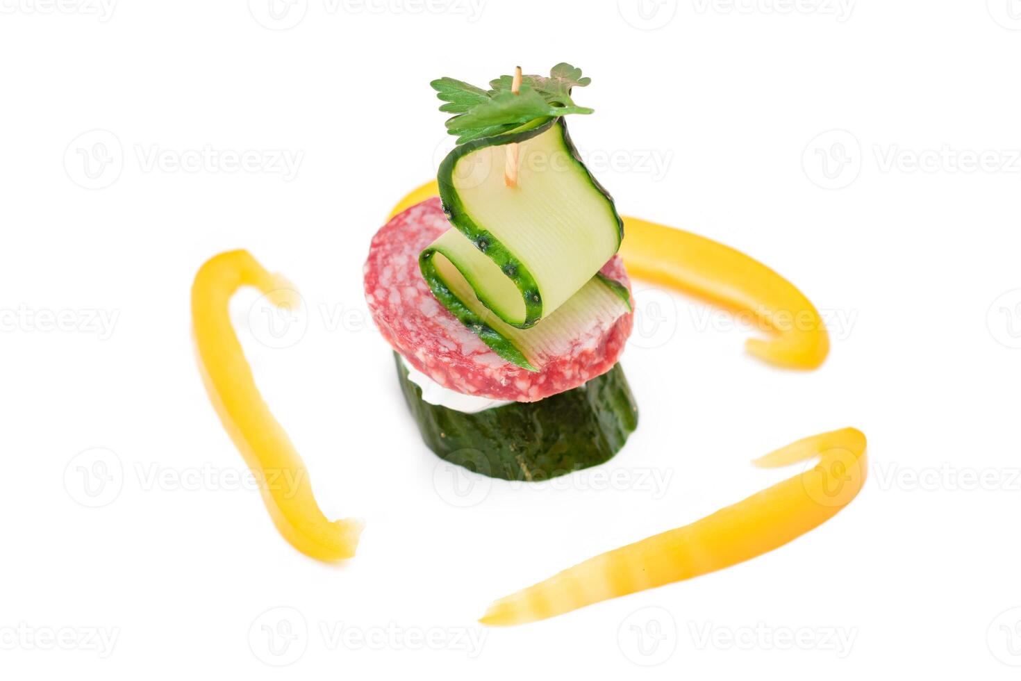 Canapes without Bread with Salami, Cucumber, Greens and Cream Cheese - Isolated on White Background. Easy Breakfast. Diet Food. Quick and Healthy Sandwiches. Healthy Snacks with Tasty Fillings photo