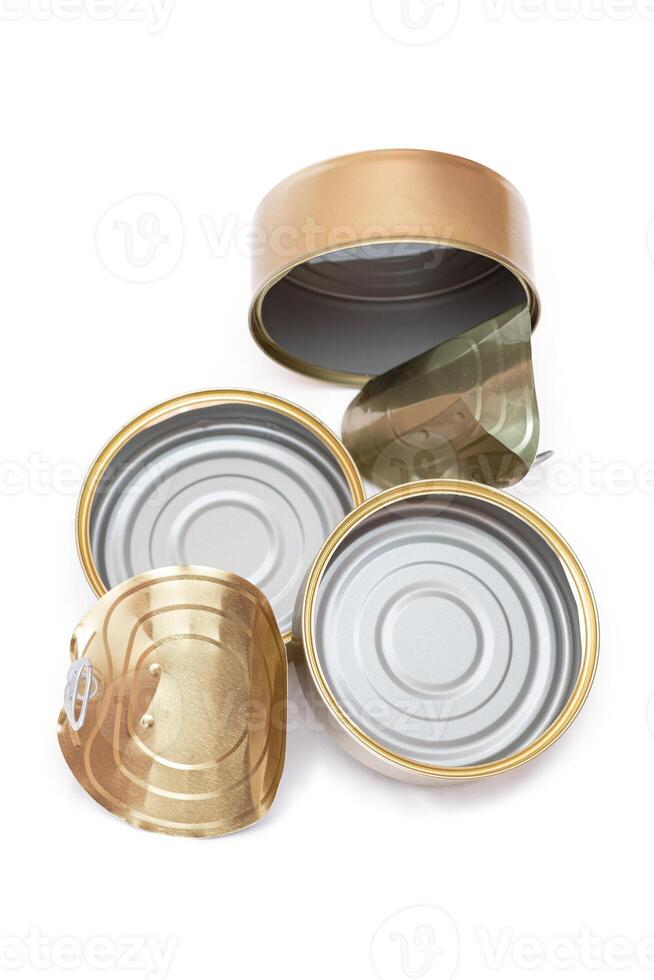 Three Opened Empty Tin Cans with Broken Cover Isolated on White Background. Clean Used Aluminum Cans - Isolation. Non-Degradable Inorganic Waste photo