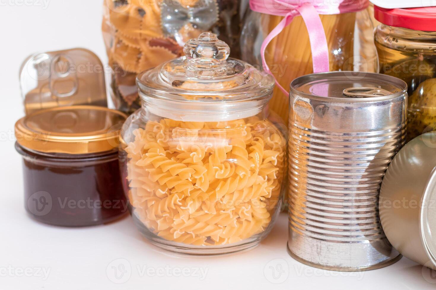 Food Reserves. Canned Food, Spaghetti, Pate, Tuna, Tomato Juice, Pasta, Fish and Grocery. Emergency Food Storage in Case of Crisis. Strategic Food Supplies photo
