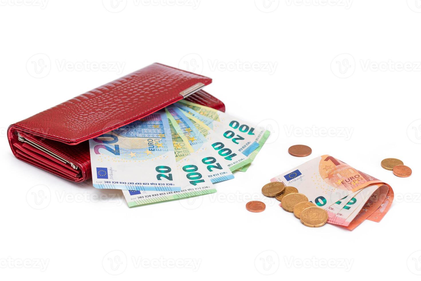 Red Leather Women Purse with Different Euro Banknotes and Euro Cent Coins - Isolated on White Background. A Wallet Full of European Union Paper Money Symbolizing Wealth and Success - Isolation photo