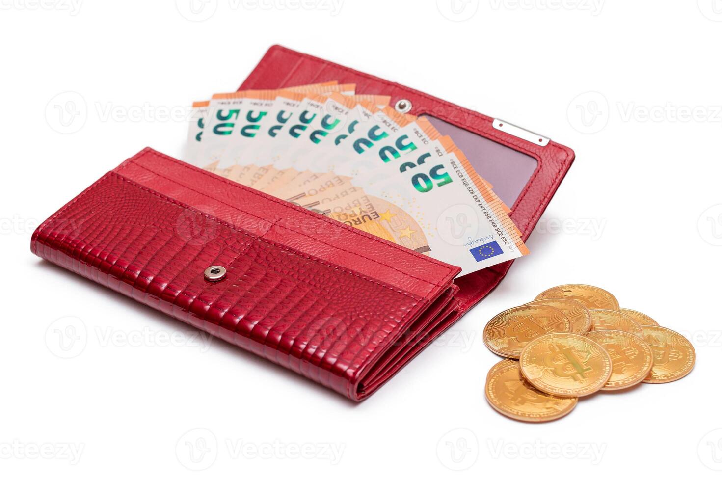 Opened Red Women Purse with 50 Euro Banknotes Inside and Bitcoin Coins - Isolated on White Background. A Wallet Full of Money Symbolizing Wealth, Success, Shopping and Social Status - Isolation photo