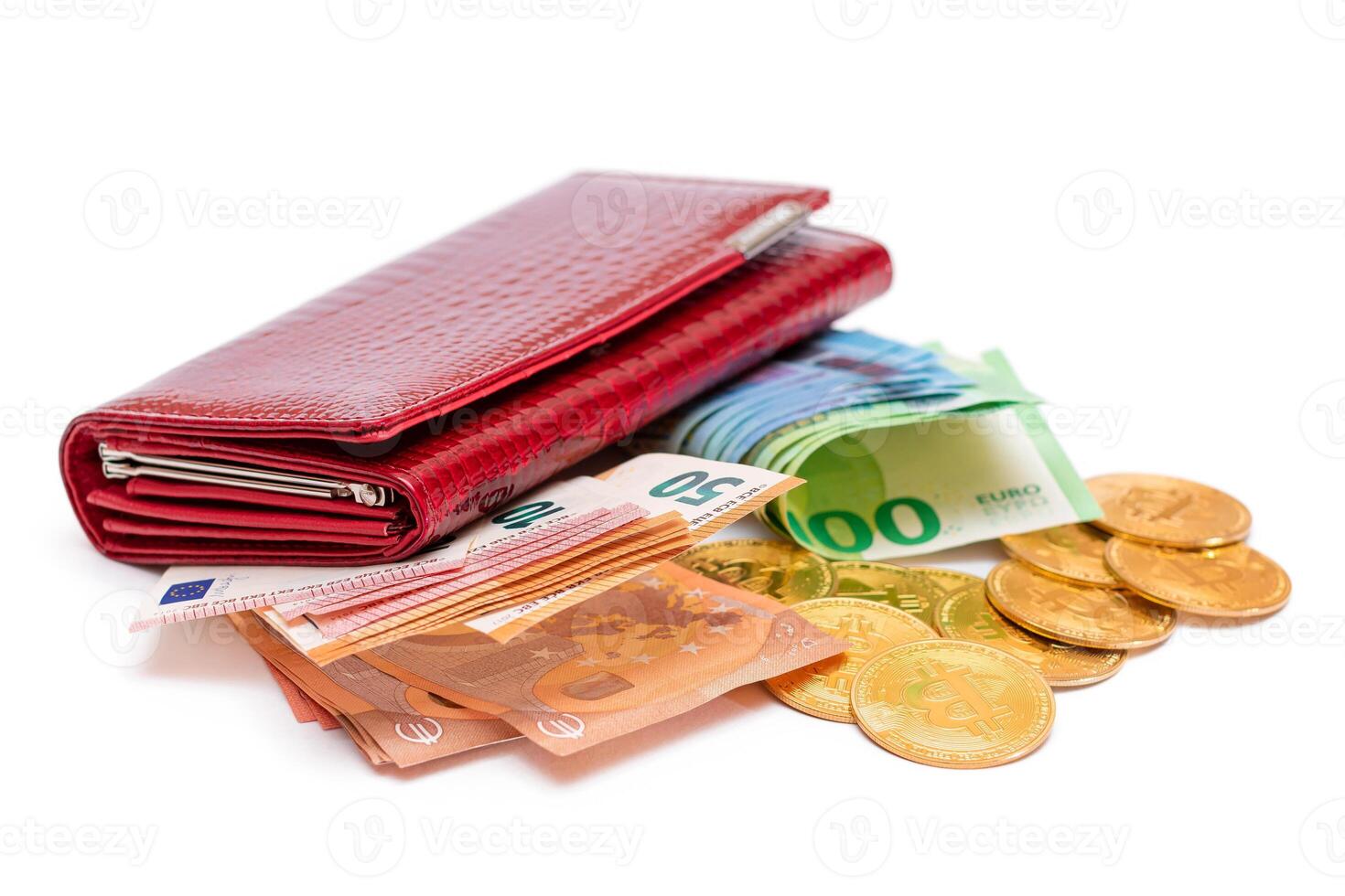Red Leather Women Purse with Different Euro Banknotes and Bitcoin Coins - Isolated on White Background. A Wallet Full of European Union Paper Money Symbolizing Wealth and Success - Isolation photo