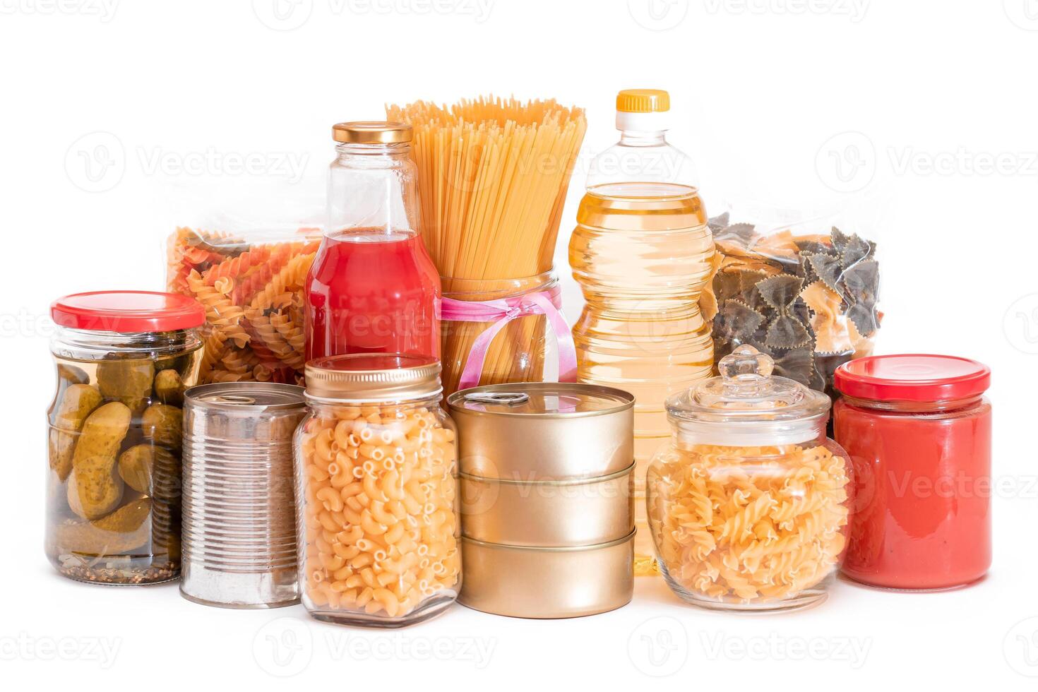 Food Reserves. Canned Food, Spaghetti, Tomato Juice, Pasta and Grocery - Isolated on White Background. Emergency Food Storage in Case of Crisis. Strategic Food Supplies - Isolation photo