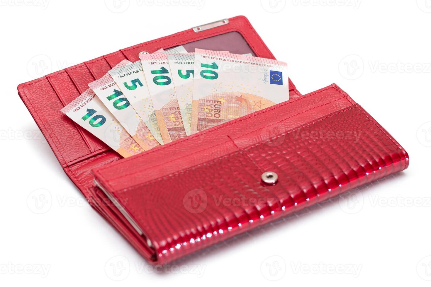Opened Red Women Purse with 10 Euro Banknotes Inside - Isolated on White Background. A Wallet Full of Money Symbolizing Wealth, Success, Shopping and Social Status - Isolation photo