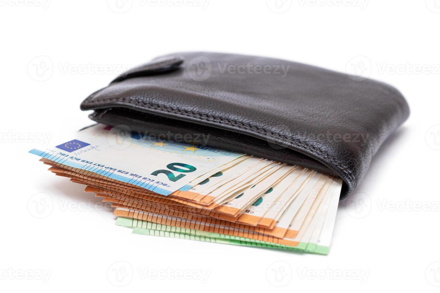 Black Leather Men Wallet with Euro Banknotes Inside - Isolated on White Background. A Purse Full of Money Symbolizing Wealth, Success and Social Status - Isolation photo