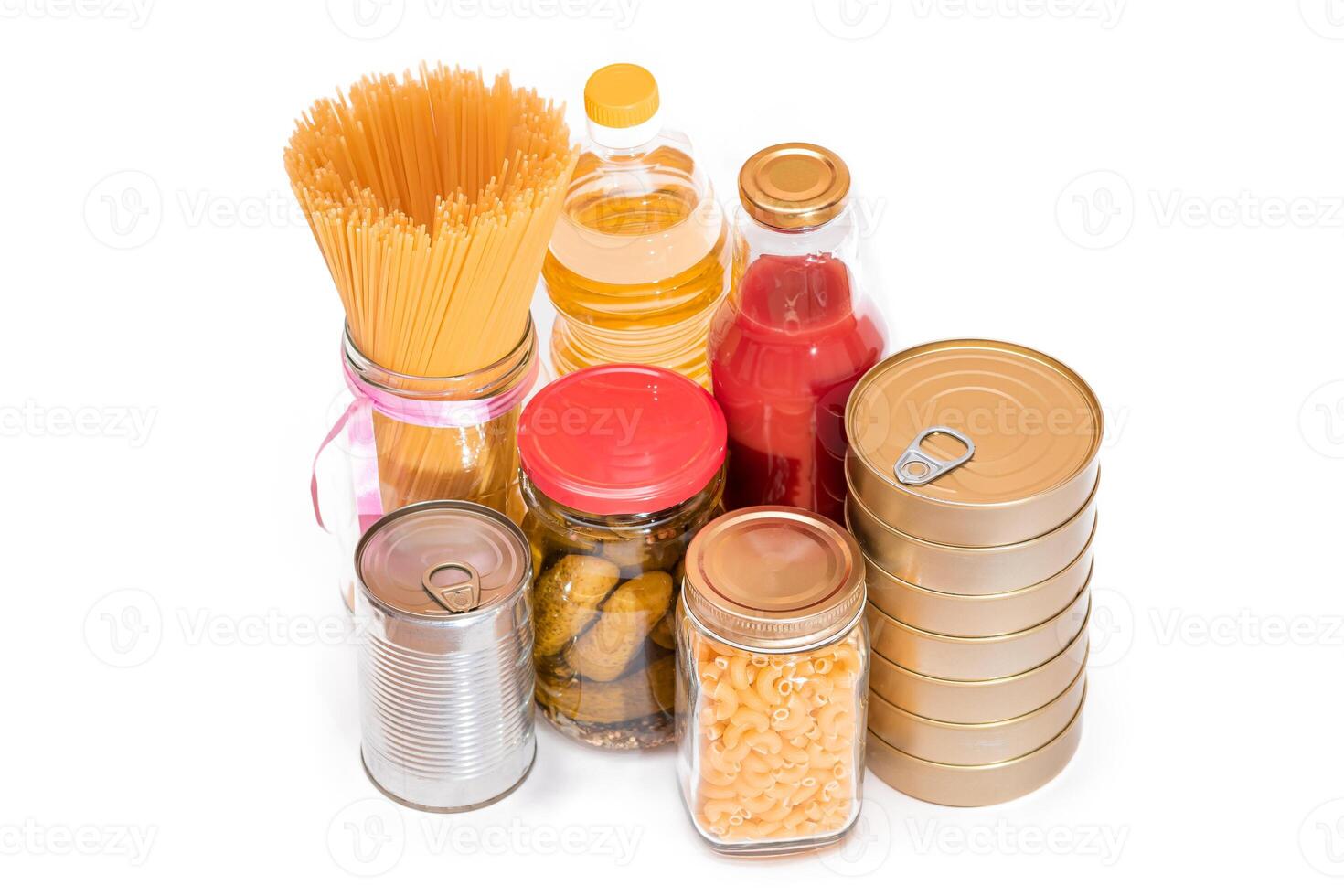 Food Reserves. Canned Food, Spaghetti, Pate, Tuna, Tomato Juice, Pasta, Fish and Grocery - Isolated on White Background. Emergency Food Storage in Case of Crisis. Strategic Food Supplies - Isolation photo