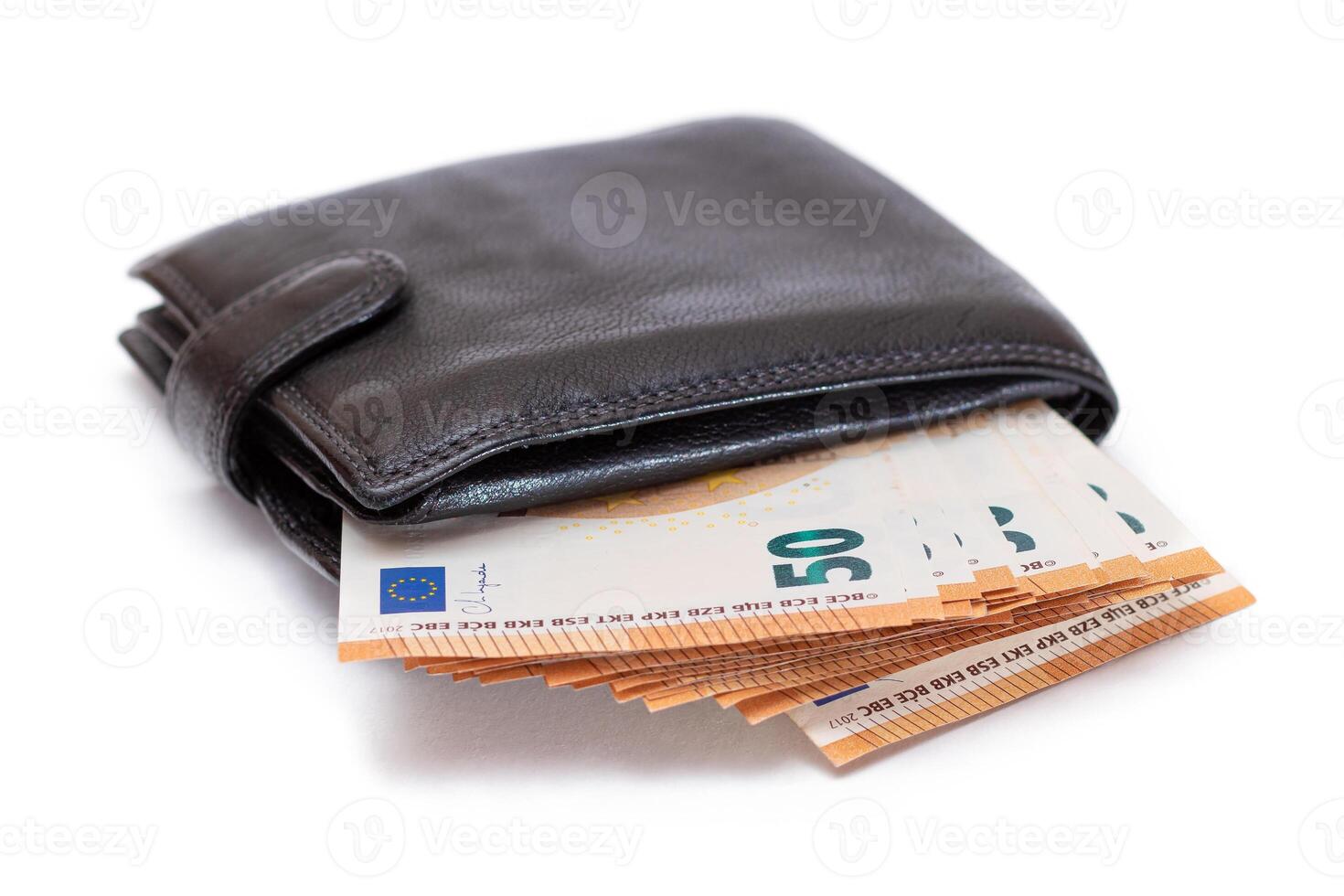 Black Leather Men Wallet with Fifty Euro Banknotes Inside - Isolated on White Background. A Purse Full of Money Symbolizing Wealth, Success and Social Status - Isolation photo