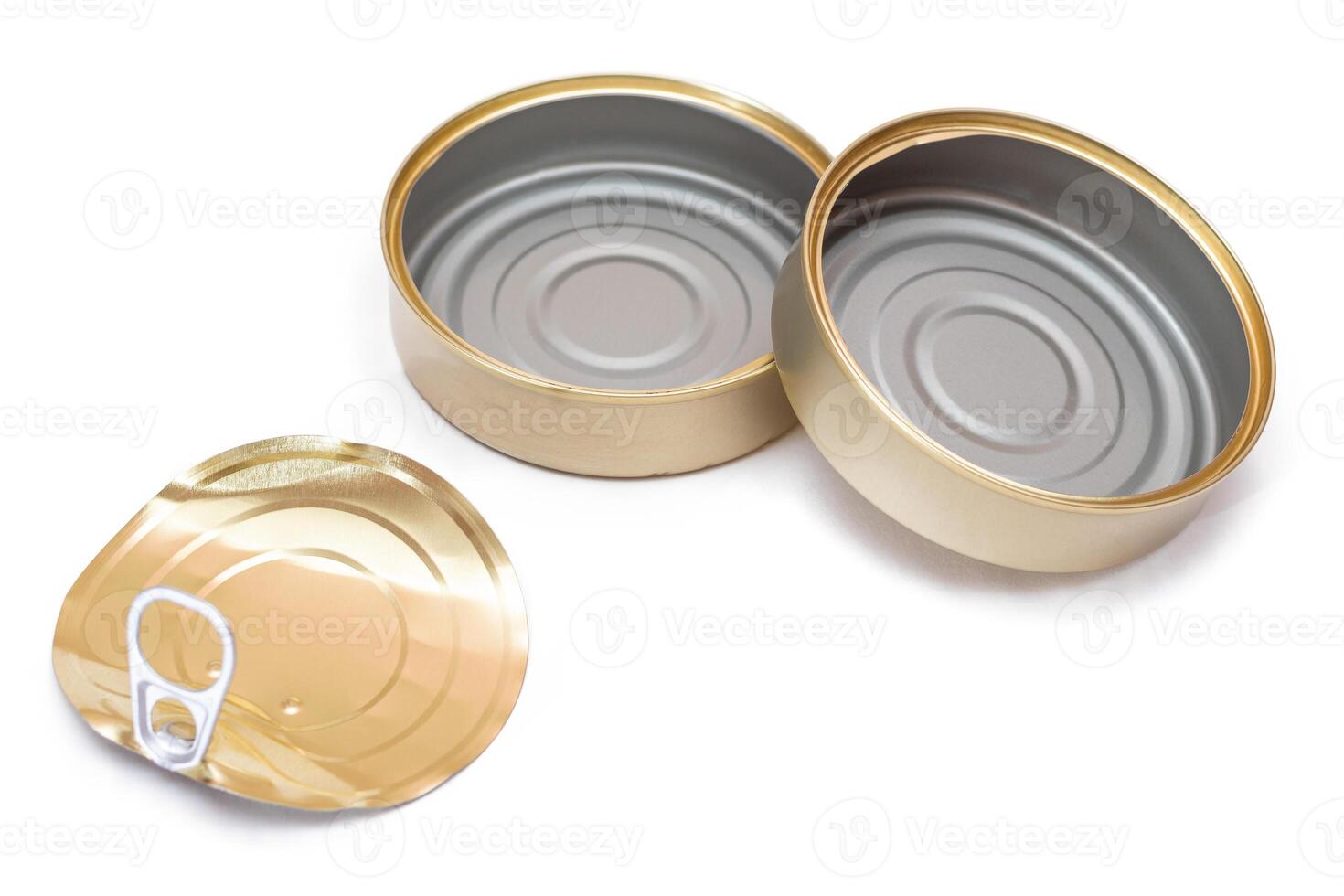 Two Opened Empty Tin Cans With Broken Cover Isolated on White Background. Clean Used Aluminum Cans - Isolation. Non-Degradable Inorganic Waste photo