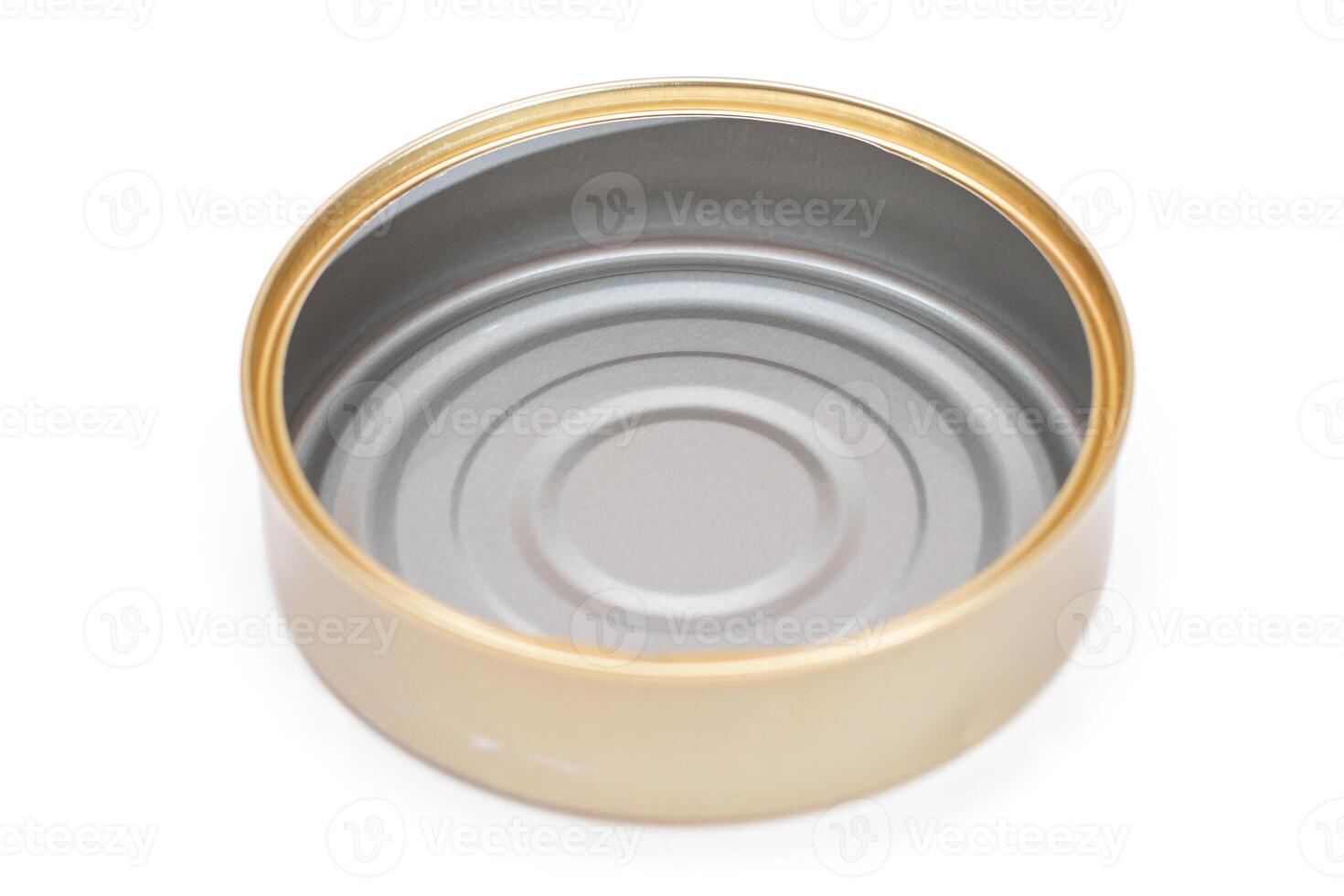 Opened Empty Tin Can Isolated on White Background. Clean Used Aluminum Can - Isolation. Non-Degradable Inorganic Waste photo