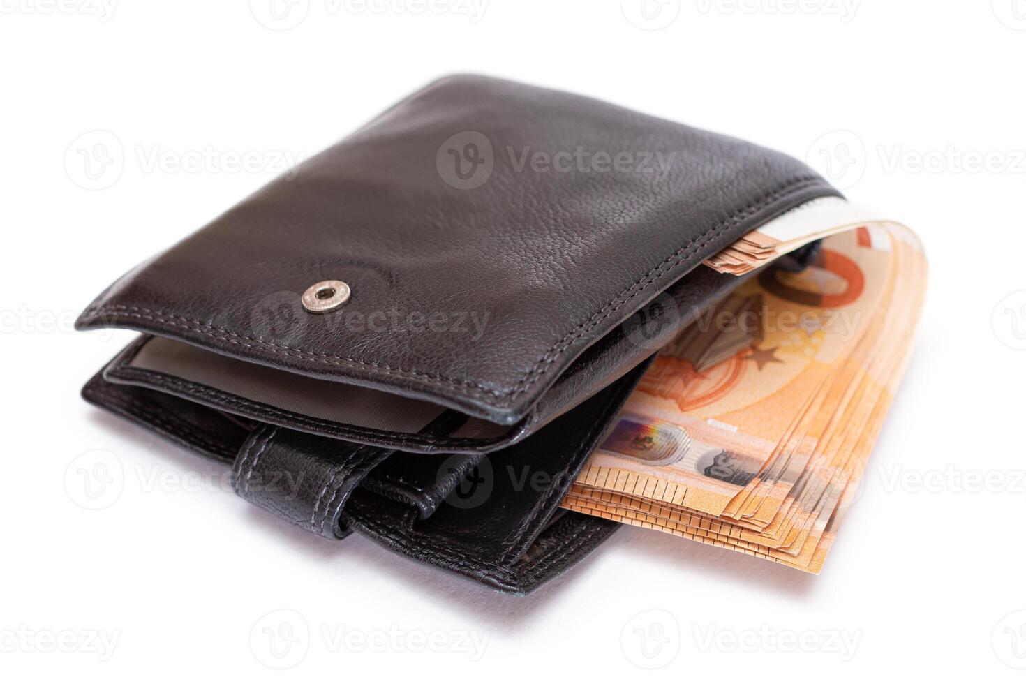 Black Leather Men Wallet with Fifty Euro Banknotes Inside - Isolated on White Background. A Purse Full of Money Symbolizing Wealth, Success and Social Status - Isolation photo