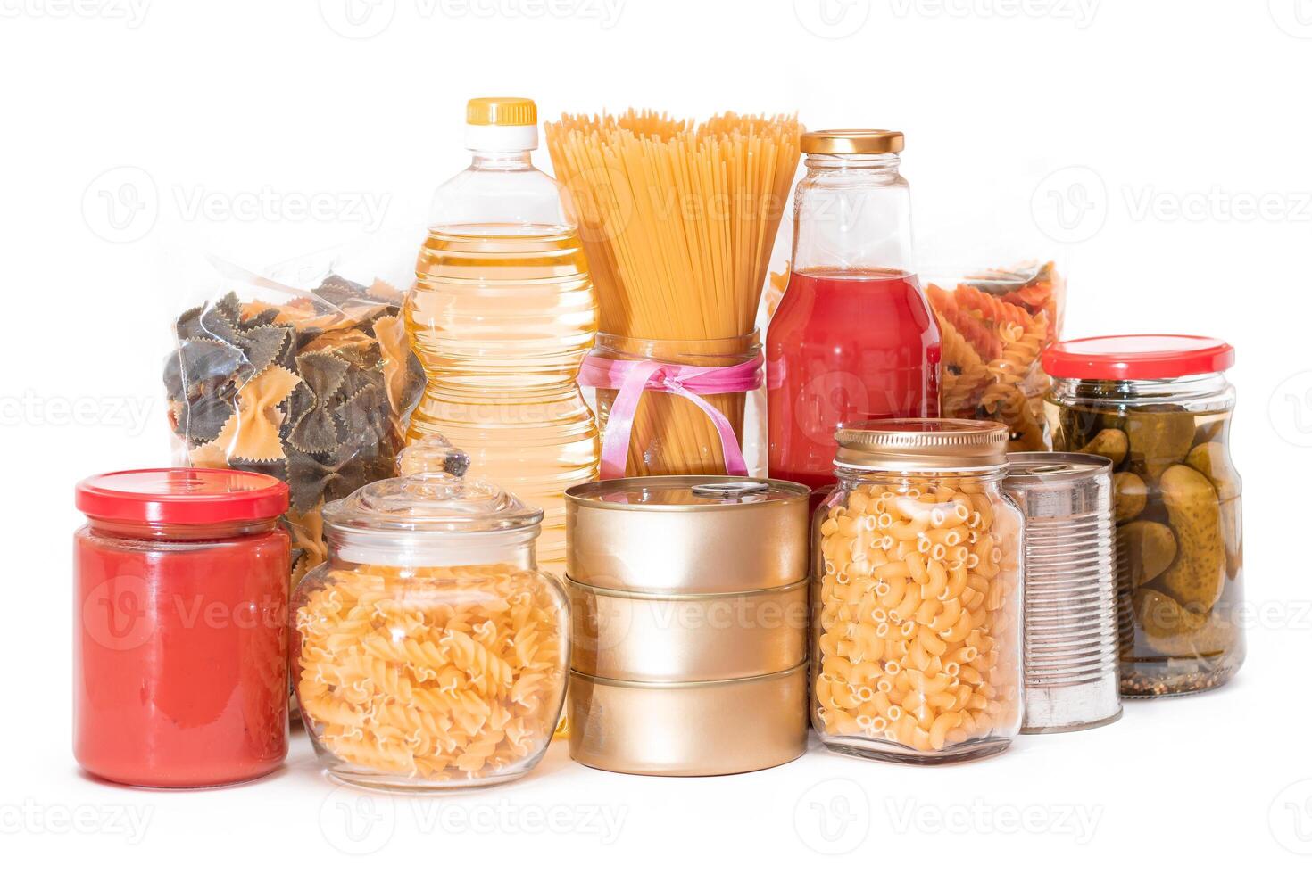 Food Reserves. Canned Food, Spaghetti, Tomato Juice, Pasta and Grocery - Isolated on White Background. Emergency Food Storage in Case of Crisis. Strategic Food Supplies - Isolation photo