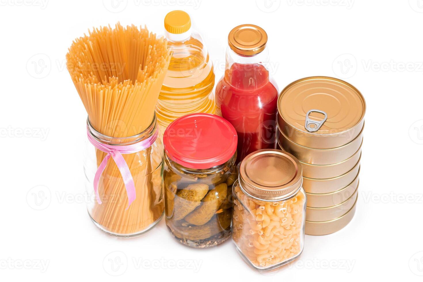 Food Reserves. Canned Food, Spaghetti, Pate, Tuna, Tomato Juice, Pasta, Fish and Grocery - Isolated on White Background. Emergency Food Storage in Case of Crisis. Strategic Food Supplies - Isolation photo