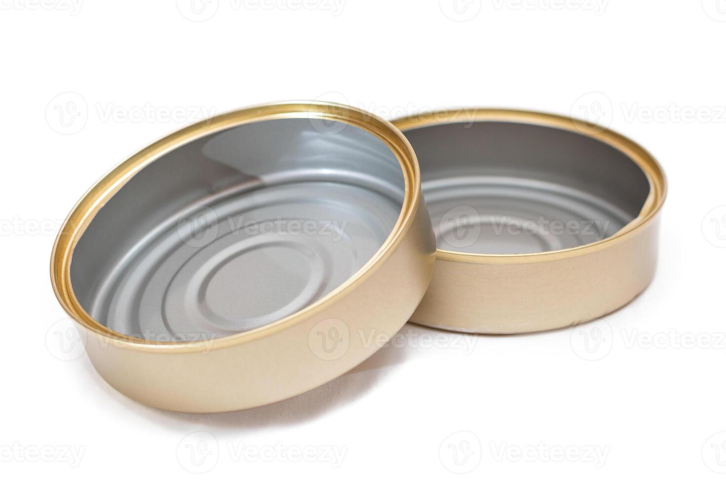 Two Opened Empty Tin Cans Isolated on White Background. Clean Used Aluminum Cans - Isolation. Non-Degradable Inorganic Waste photo