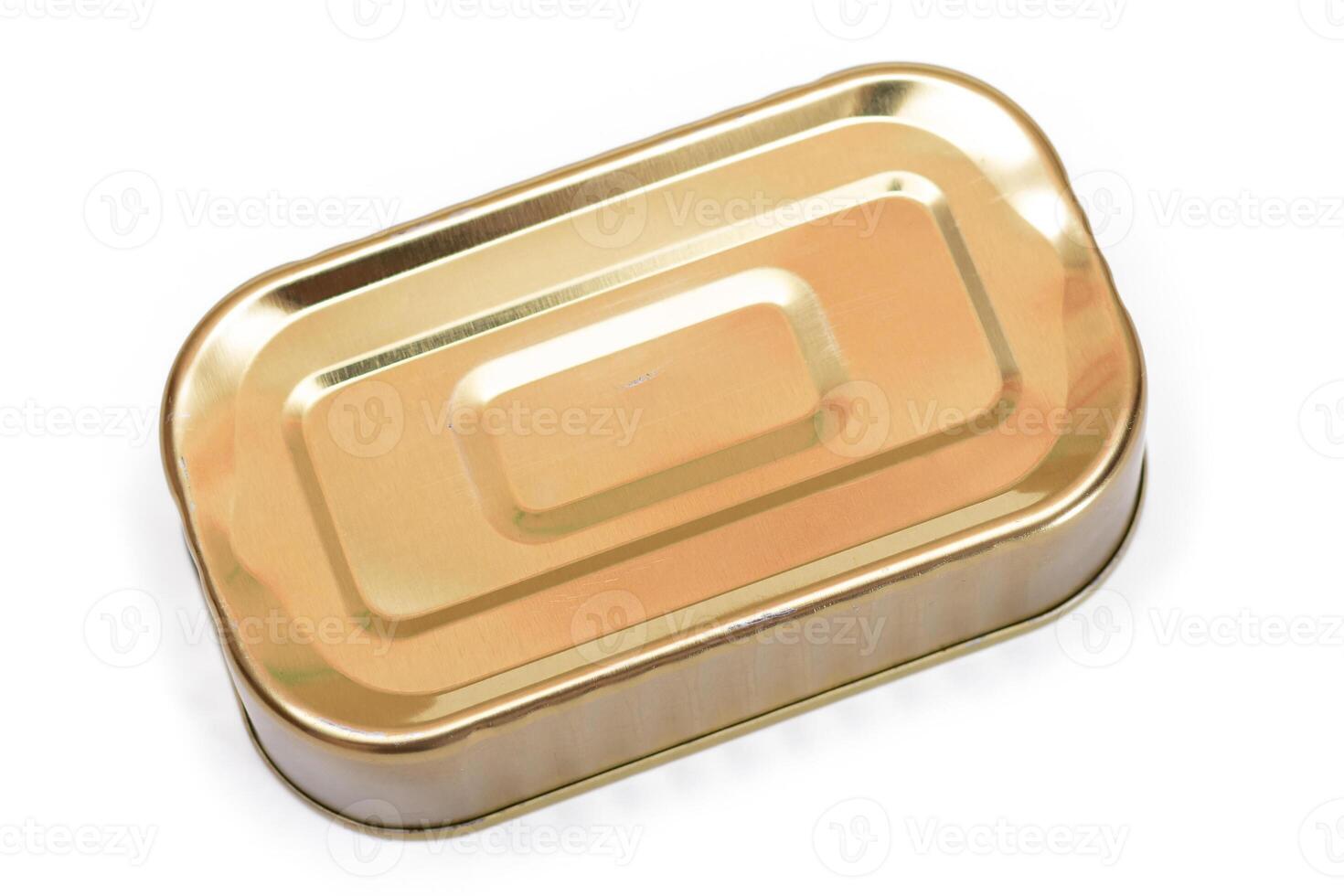 Unopened Rectangular Tin Can Isolated on White Background. Canned Food. Aluminum Can for Safe and Long Term Storage of Food. Steel Sealed Food Storage Container - Isolation photo